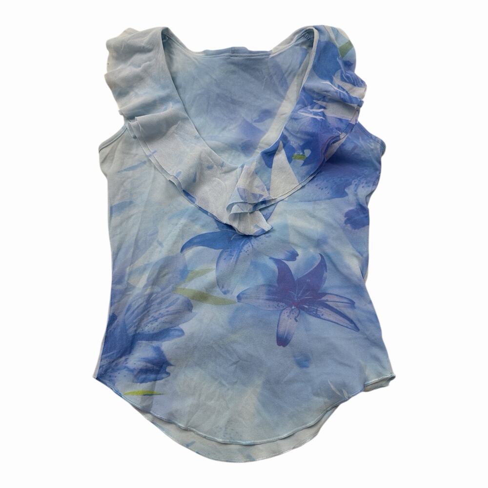 French Micro Mesh Double Lined Watercolor Print Sleeveless Crop Top With Ruffles